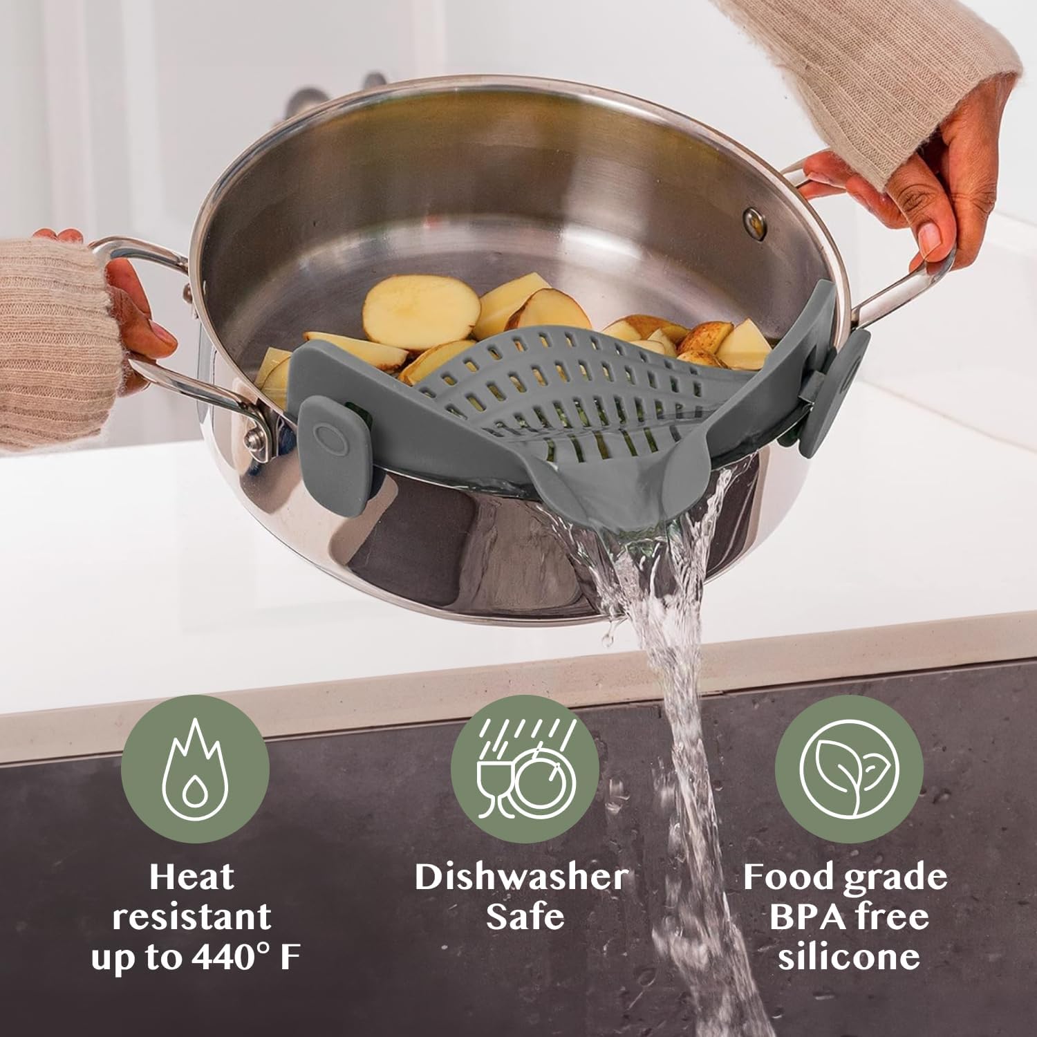 Kitchen Gizmo Snap N Strain Clip-On Silicone Pot & Pasta Strainer - Image 3