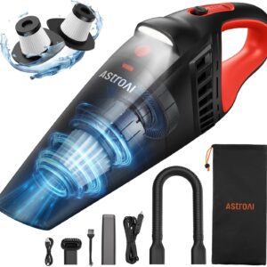 AstroAI Handheld Car Vacuum Cordless with Accessories, Portable Vacuum Cleaner with 12V DC Power, LED Light, Brush, Extended Suction Pipe, Hose, Mini Handheld for Car, Home, Office, and Pet Hair, Red