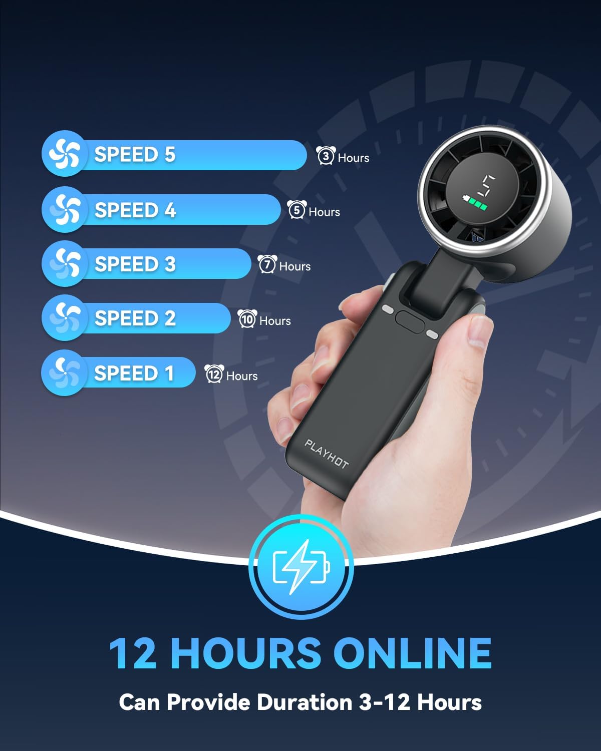 PlayHot Portable Handheld Turbo Fan, 5 Gear Wind Hand Fan,3 IN 1 Hand Held Fan, Portable Fan for Travel/Outdoor/Indoor(Black) - Image 5