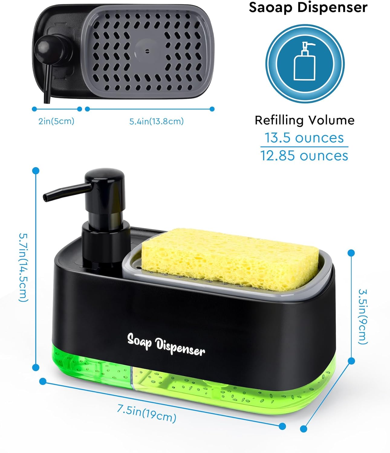 Bestseek Hand and Dish Soap Dispenser Set for Kitchen, Dual Soap Dispenser with Sponge Holder, 3-in-1 Countertop Soap Pump
