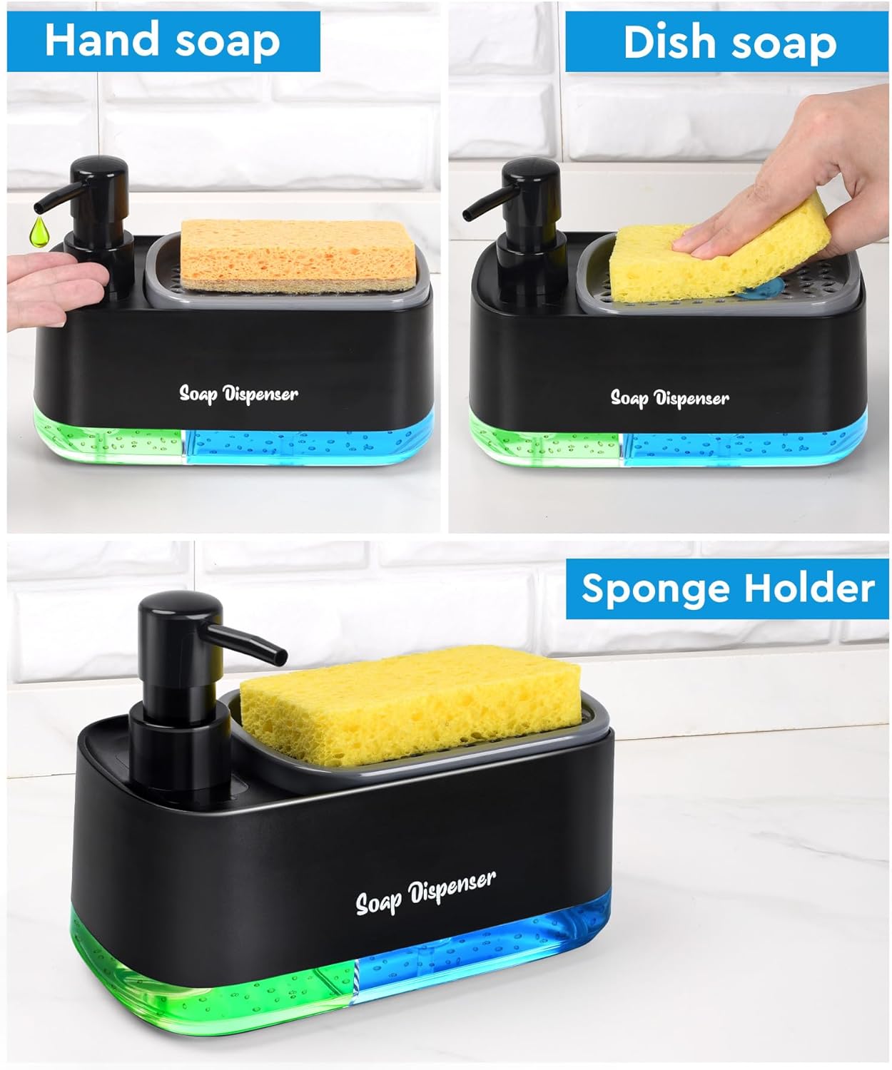 Bestseek Hand and Dish Soap Dispenser Set for Kitchen, Dual Soap Dispenser with Sponge Holder, 3-in-1 Countertop Soap Pump - Image 5