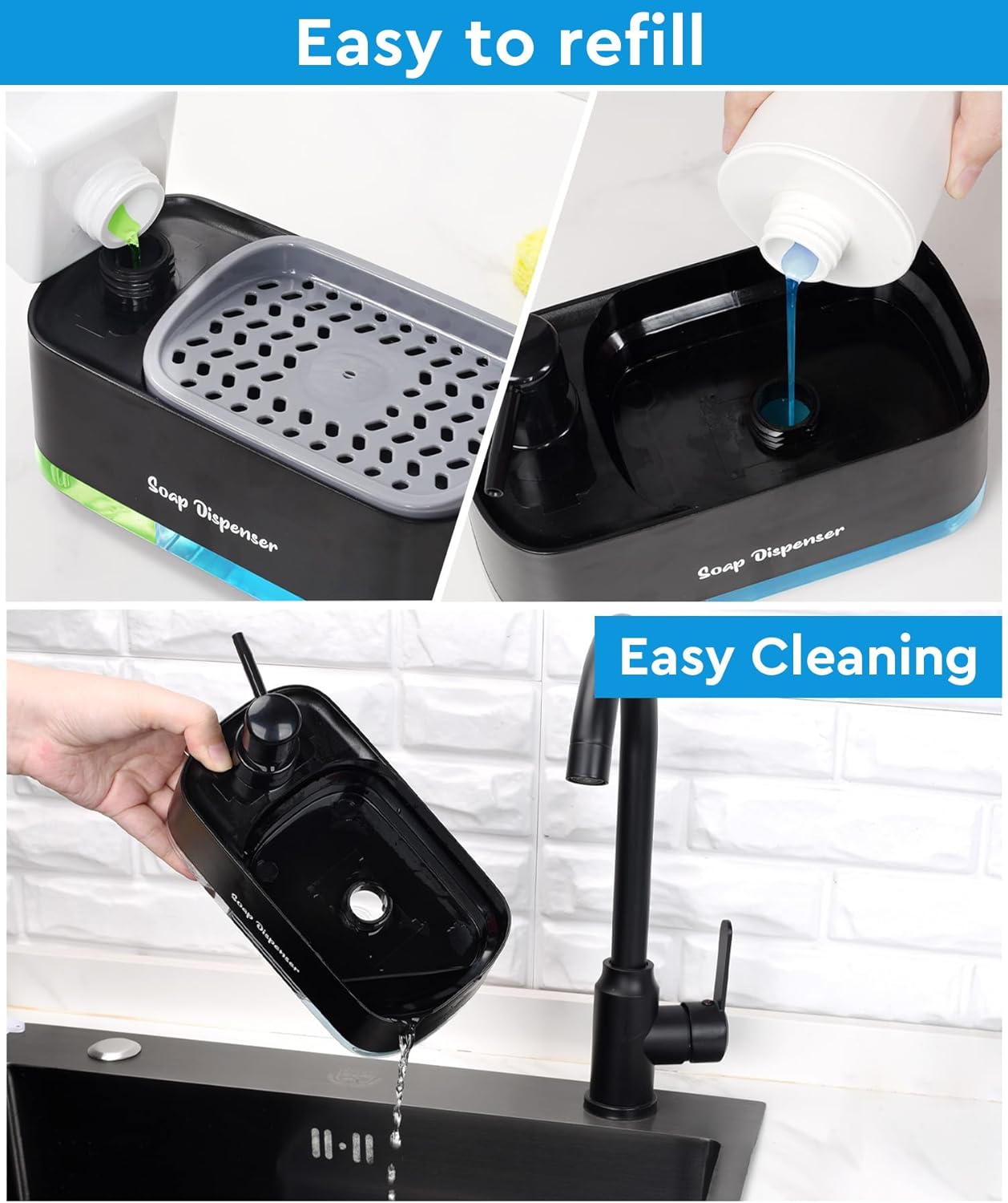 Bestseek Hand and Dish Soap Dispenser Set for Kitchen, Dual Soap Dispenser with Sponge Holder, 3-in-1 Countertop Soap Pump - Image 3