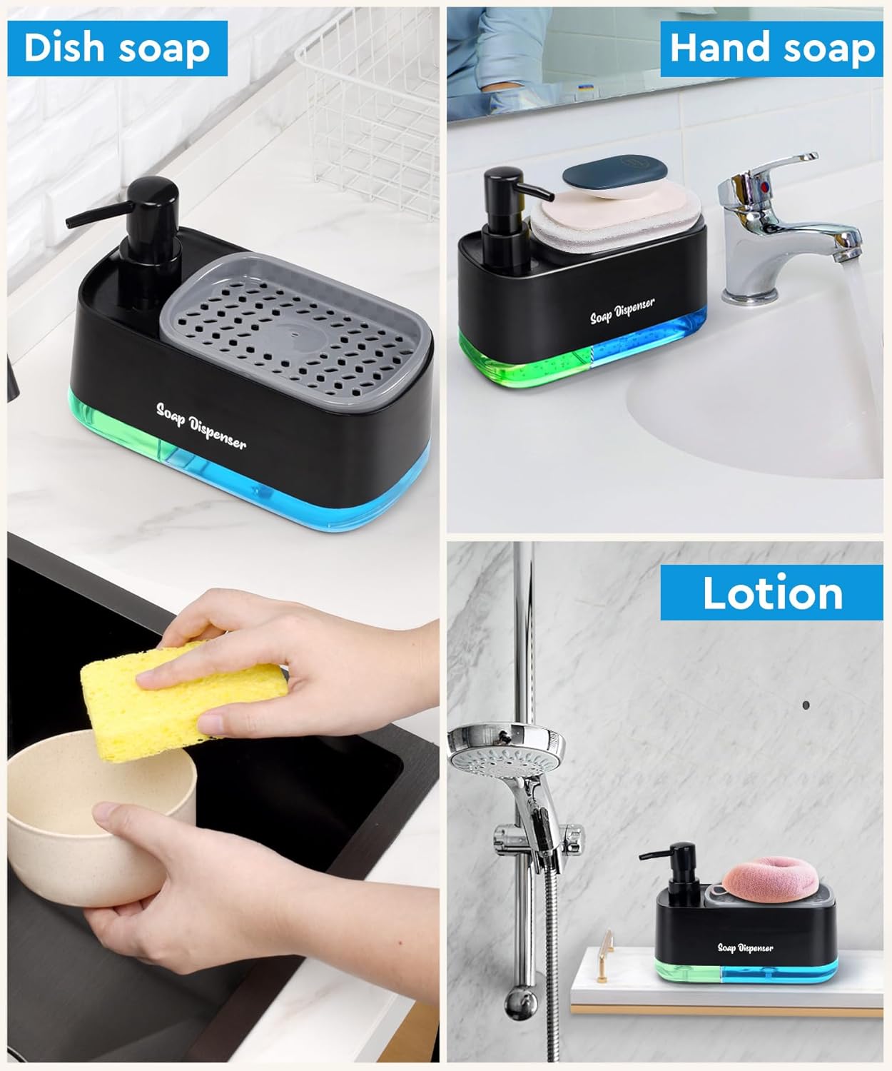 Bestseek Hand and Dish Soap Dispenser Set for Kitchen, Dual Soap Dispenser with Sponge Holder, 3-in-1 Countertop Soap Pump - Image 2
