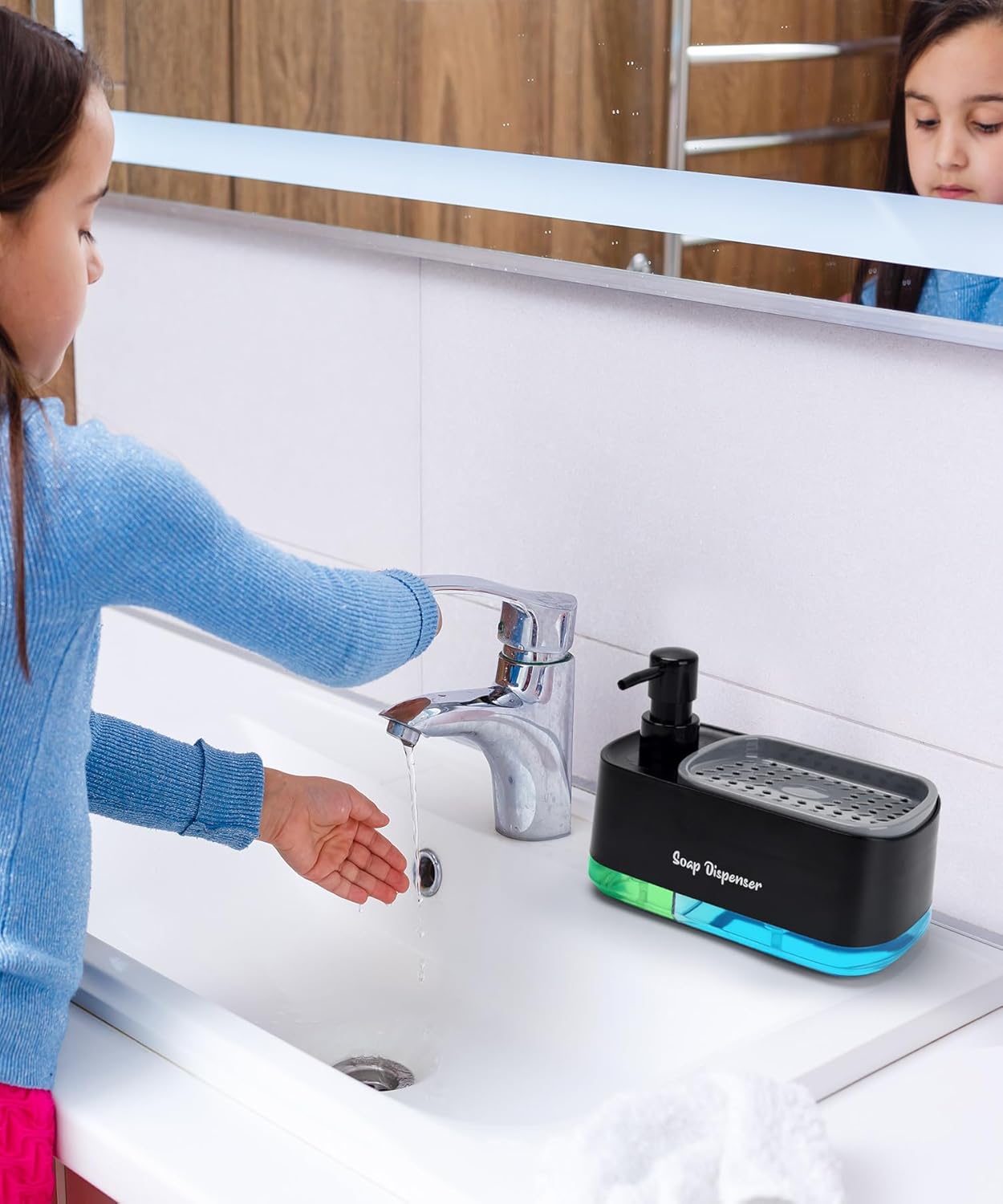 Bestseek Hand and Dish Soap Dispenser Set for Kitchen, Dual Soap Dispenser with Sponge Holder, 3-in-1 Countertop Soap Pump - Image 4